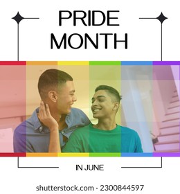 Composition of pride month text over rainbow and happy male gay couple. Pride month, lgbt, human rights and equality concept digitally generated image. - Powered by Shutterstock