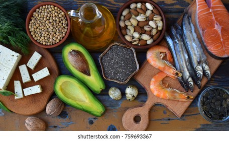 Composition Of Products Containing Unsaturated Fatty Acids Omega 3 - Fish, Nuts, Tofu, Avocado, Eggs, Soybeans, Pumpkin Seeds, Chia, Hemp, Dill, Vegetable Oil. Top View. Healthy Food