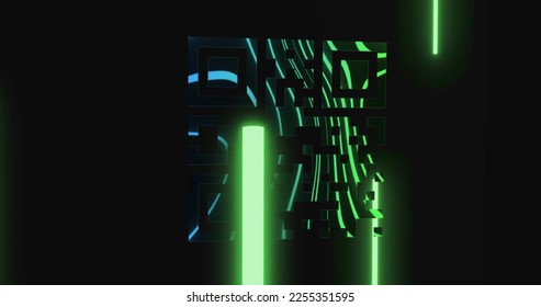 Composition of qr code and data processing over neon green lights. Global computing, digital interface and data processing concept digitally generated image.