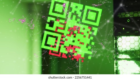 Composition of qr code and networks of connections over computer servers. Global computing and data processing concept digitally generated image.