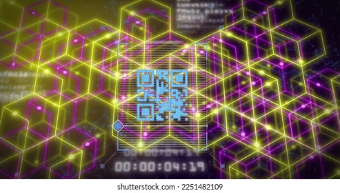Composition of qr code over neon shapes and data processing on black background. Global technology, computing and digital interface concept digitally generated image.