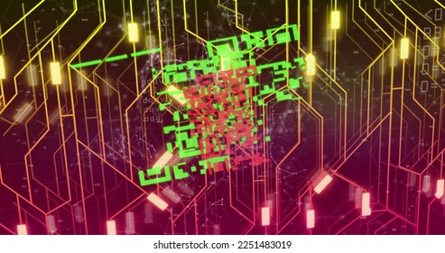 Composition of qr code over neon shapes and data processing on black background. Global technology, computing and digital interface concept digitally generated image.