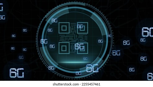 Composition of qr code and scope scanning with 6g texts on black background. Global business, finances and digital interface concept digitally generated image.