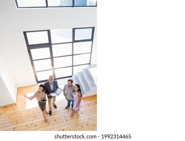 Composition of real estate agents showing couple sunny modern property. property, ownership and investment concept digitally generated image.