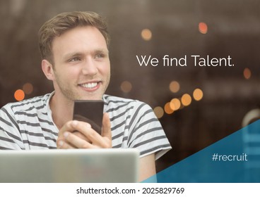Composition of recruitment services text over business people. employment business promotional communication digitally generated image.