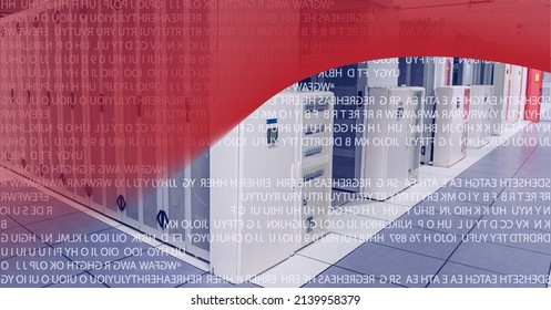 Composition of red copy space, with text data processing over computer server room background. computer technology and global communication interface technology concept digitally generated video.