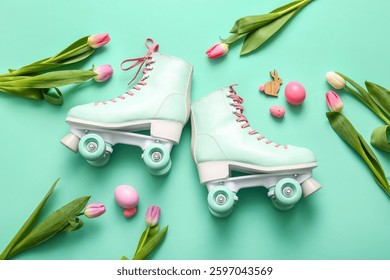 Composition with roller skates, Easter eggs and tulip flowers on color background