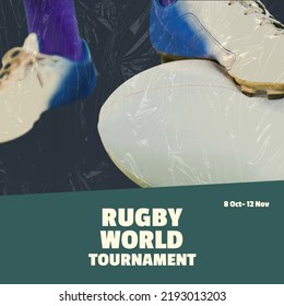 Composition of rugby world tournament text over shoes and rugby ball. World rugby contest and sport concept digitally generated image. - Powered by Shutterstock
