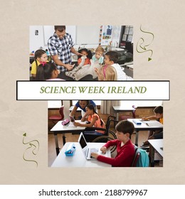 Composition of science week ireland text with diverse schoolchildren and teacher on beige background. Science week and celebration concept digitally generated image. - Powered by Shutterstock