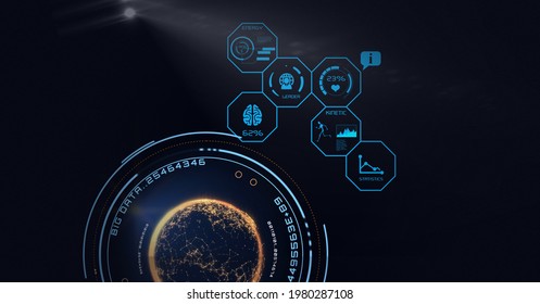 Composition of scope scanning and scientific data processing on screen. global science, technology and digital interface concept digitally generated image.