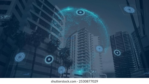 Composition of scopes scanning, data processing over globe and cityscape. global connections, digital interface and technology concept digitally generated image.