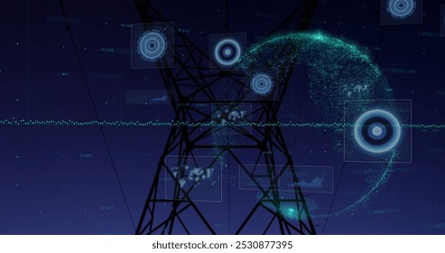 Composition of scopes scanning on screens over globe and electric pylon. global connections, digital interface and technology concept digitally generated image.