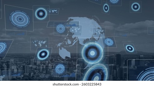 Composition of scopes scanning on screens over globe and cityscape. global connections, digital interface and technology concept digitally generated image.