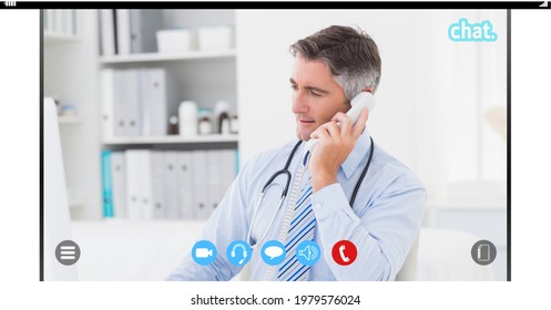 Composition of screen with medical data processing over male doctor during phone consultation. global online medicine and technology concept digitally generated image.