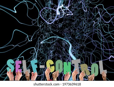 Composition Of Self Control Text In Multi Coloured Letters Held By People With Green Light Trails. Motivation And Encouragement Concept Digitally Generated Image.