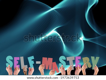 Composition of self mastery text in multi coloured letters held by people with blue light trails. motivation and encouragement concept digitally generated image.