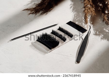 Composition of set of eyelashes different in shape and length, tweezers and applicator on light background. Makeup artist tools and accessories for eyelash extensions. Concept of beauty. MOCKUP.