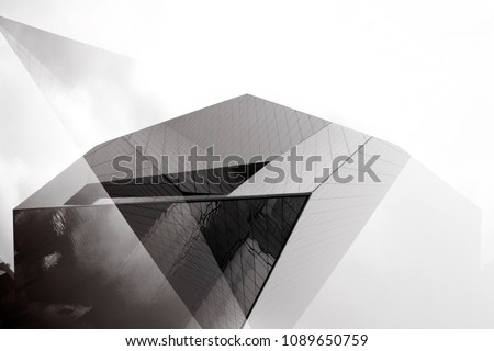 Composition of several photos of visor over building porch / facade. Modern architecture fragment with shadows and reflections. Abstract black and white background with geometric pattern.