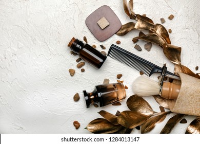 Composition With Shaving Accessories For Men And Cosmetics On White Background