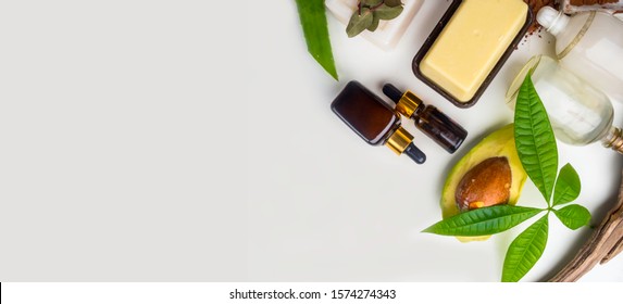 Composition With Shea Butter, Coconut Oil, Soap, Ingredients For Skin Care. All Natural Face And Body Moisturizer, Spa Treatment Preparation Background. Eco Care Concept