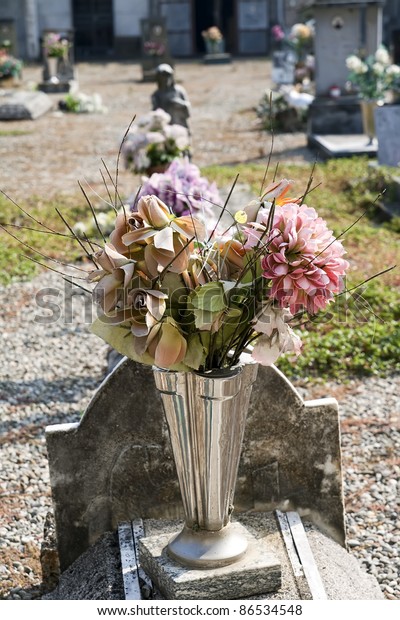 Composition Silk Flower Vase Cemetery Stock Photo Edit Now 86534548