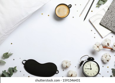 Composition With Sleeping Mask On White Background, Top View. Bedtime Accessories