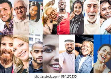 Composition with smiling people. Collage with multiracial faces in different daily life situations