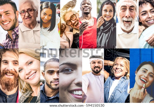 Composition with smiling people.\
Collage with multiracial faces in different daily life\
situations