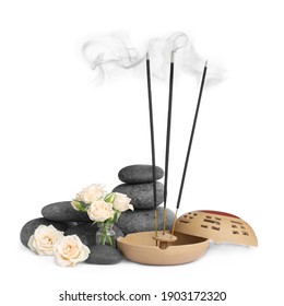 Composition With Smoldering Incense Sticks, Roses And Spa Stones On White Background