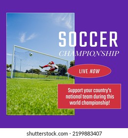 Composition Of Soccer Championship Text With Caucasian Male Football Player At Stadium. Soccer Championship And Celebration Concept Digitally Generated Image.