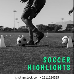 Composition of soccer highlights text over black and white footballer with ball. Football, soccer, sports and competition concept. - Powered by Shutterstock