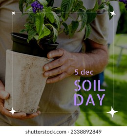 Composition of soil day text over frame and caucasian woman's hands holding pot with plant. Soil day, eco living and sustainability concept. - Powered by Shutterstock
