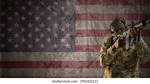 Composition of soldier shooting against american flag. united states of america patriotism and independence concept digitally generated image.