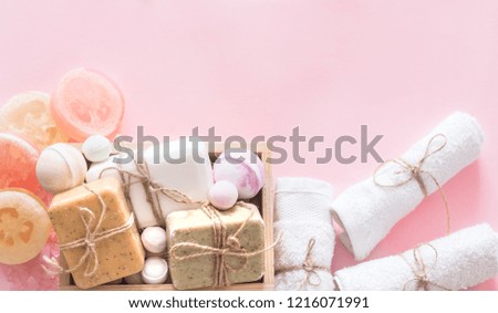 composition with spa items on a colored background, body care concept