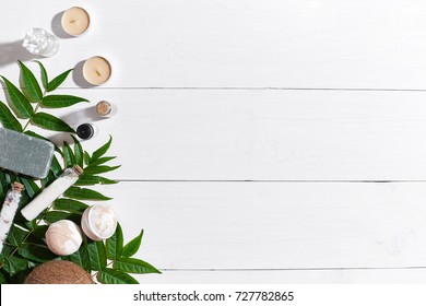 Composition Of Spa Treatment On White Wooden Table With Space For Text. Top View