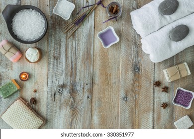 Composition Of Spa Treatment On The Wooden Table. Top View