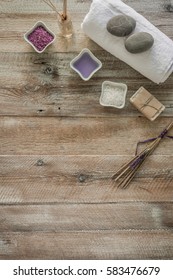 Composition Of Spa Treatment On The Wooden Table With Space For Text. Top View