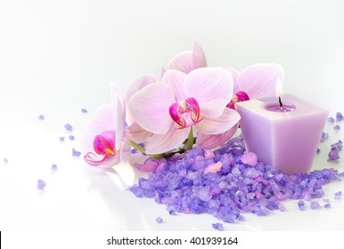 Composition of spa treatment: Orchids and sea salt with candle - SPA concept for your banner, card, poster