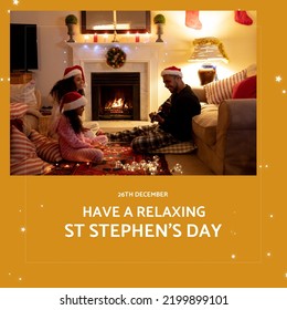 Composition of st stephen's day text over african american family wearing santa hats. St stephen's day and celebration concept digitally generated image. - Powered by Shutterstock
