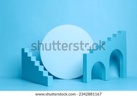 Composition of stairs and round circle board isolated on blue pastel color background. Abstract background for showcase and display your cosmetic product