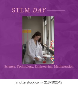 Composition Of Stem Day Text Over Caucasian Woman In Lab. Stem Day And Celebration Concept Digitally Generated Image.