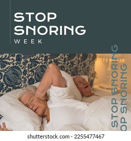 Composition of stop snoring week text and couple in bed with man snoring. National stop snoring week concept digitally generated image. - Powered by Shutterstock