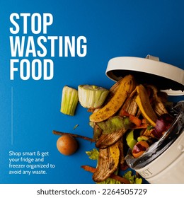 Composition of stop wasting food text over trash can with food waste. Stop food waste day and celebration concept digitally generated image. - Powered by Shutterstock