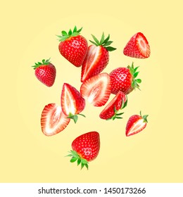 The composition of strawberries on a colored background. Cut strawberries into pieces . Pattern of a fresh natural strawberry isolated - Shutterstock ID 1450173266
