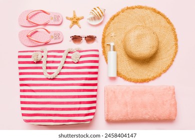 Composition with stylish beach accessories on colored background, top view. Beach fashion flat lay, summer concept. Trendy colors.