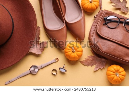 Composition with stylish female accessories, shoes and pumpkins on color background