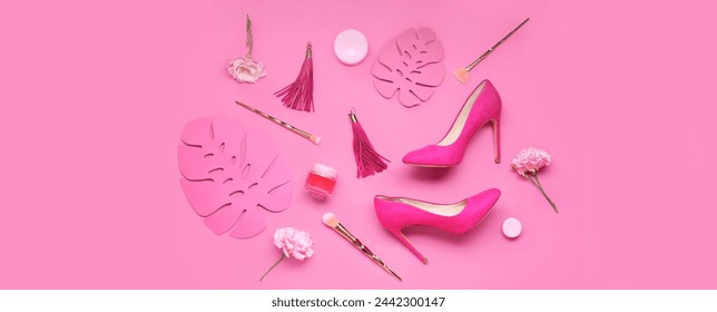 Composition with stylish female shoes, accessories, cosmetics and flowers on pink background - Powered by Shutterstock