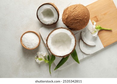 Composition for summer concept with coconut, top view
