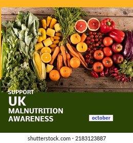 Composition of support uk malnutrition awareness text with vegetables on wooden background. Malnutrition awareness and celebration concept digitally generated image. - Powered by Shutterstock