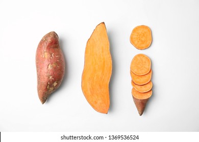 Composition With Sweet Potatoes On White Background, Top View